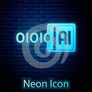 Glowing neon Binary code icon isolated on brick wall background. Vector