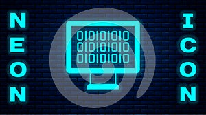 Glowing neon Binary code icon isolated on brick wall background. Vector