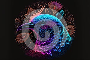 Glowing neon bird profile portrait with bright colors over black background. Perfect for t-shirt printing, mugs, banner.