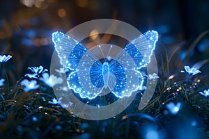 Glowing neon blue butterfly and flowers in the dark forest.