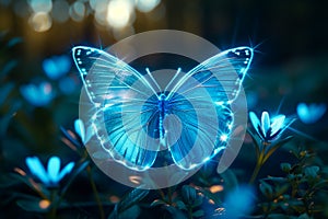 Glowing neon blue butterfly and flowers in the dark forest.