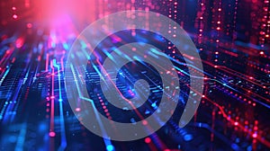 Neon Blue and Red Abstract Depicting Cybersecurity with Dynamic Firewalls and Data Streams