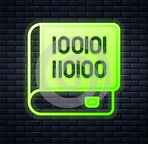 Glowing neon Books about programming icon isolated on brick wall background. Programming language concept. PHP, CSS, XML