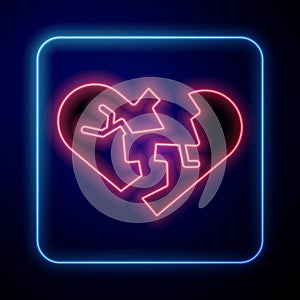 Glowing neon Broken heart or divorce icon isolated on blue background. Love symbol. Valentines day. Vector