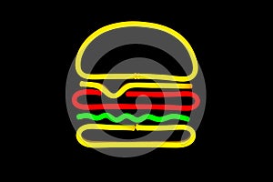 Glowing neon burger sign on  black background. Bar