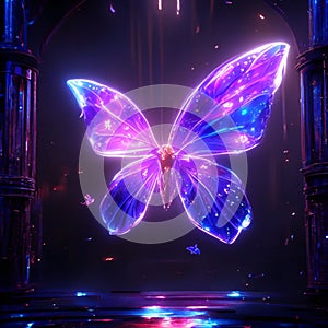 Glowing neon butterfly on abstract background. 3d rendering, 3d illustration. Generative AI