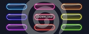 Glowing neon buttons for web design isolated on dark background. Realistic light frame border collection for web design