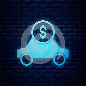 Glowing neon Car rental icon isolated on brick wall background. Rent a car sign. Key with car. Concept for automobile