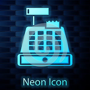 Glowing neon Cash register machine with a check icon isolated on brick wall background. Cashier sign. Cashbox symbol