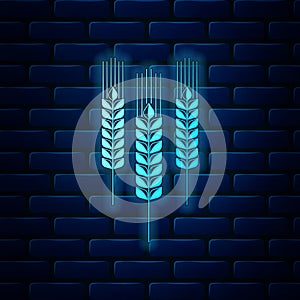 Glowing neon Cereals icon set with rice, wheat, corn, oats, rye, barley icon isolated on brick wall background. Ears of