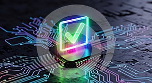 Glowing Neon Check Mark Microchip Processor Futuristic Motherboard Circuit Board