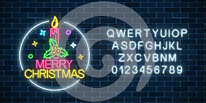 Glowing neon christmas sign with holly, xmas candle and alphabet. Christmas symbol web banner in neon style.
