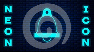 Glowing neon Church bell icon isolated on brick wall background. Alarm symbol, service bell, handbell sign, notification