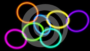 Glowing neon circles of different colors connected with each other. 3D rendered art.