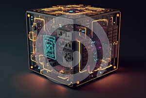 Glowing neon circuit board cube tech background. Generative AI