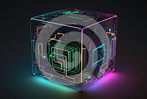 Glowing neon circuit board cube tech background. Generative AI