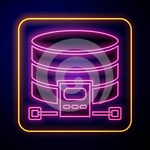Glowing neon Cloud database icon isolated on black background. Cloud computing concept. Digital service or app with data