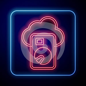 Glowing neon Cloud database icon isolated on black background. Cloud computing concept. Digital service or app with data