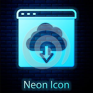 Glowing neon Cloud download icon isolated on brick wall background. Vector