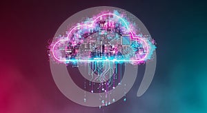 Glowing neon cloud symbolizing digital data and technology