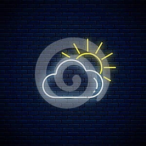 Glowing neon cloudy with sun weather icon. Cloud symbol with sunny in neon style to weather forecast in mobile app