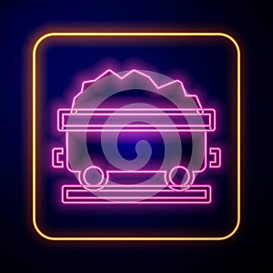 Glowing neon Coal train wagon icon isolated on black background. Rail transportation. Vector