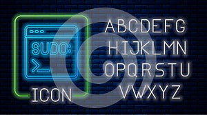 Glowing neon Code terminal icon isolated on brick wall background. Browser window with command line. Command panel