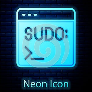 Glowing neon Code terminal icon isolated on brick wall background. Browser window with command line. Command panel