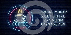 Glowing neon coffee cup icon in circle frames with alphabet. Light effect hot beverage or cafe sign