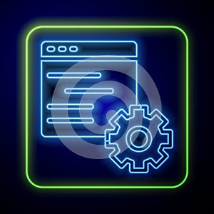 Glowing neon Computer api interface icon isolated on blue background. Application programming interface API technology