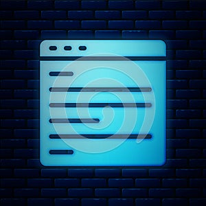 Glowing neon Computer api interface icon isolated on brick wall background. Application programming interface API