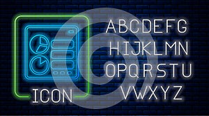 Glowing neon Computer api interface icon isolated on brick wall background. Application programming interface API