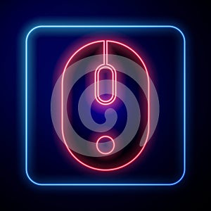 Glowing neon Computer mouse icon isolated on blue background. Optical with wheel symbol. Vector