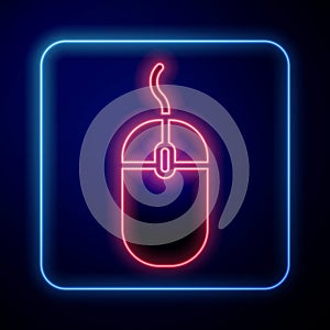 Glowing neon Computer mouse icon isolated on blue background. Optical with wheel symbol. Vector Illustration