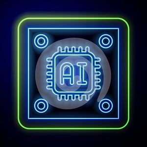 Glowing neon Computer processor with microcircuits CPU icon isolated on blue background. Chip or cpu with circuit board