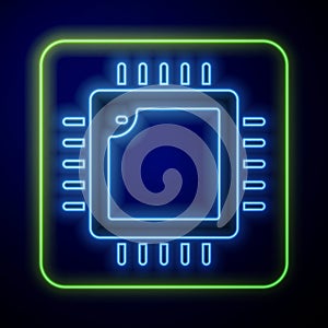Glowing neon Computer processor with microcircuits CPU icon isolated on blue background. Chip or cpu with circuit board