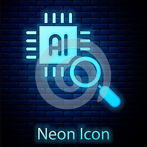 Glowing neon Computer processor with microcircuits CPU icon isolated on brick wall background. Chip or cpu with circuit