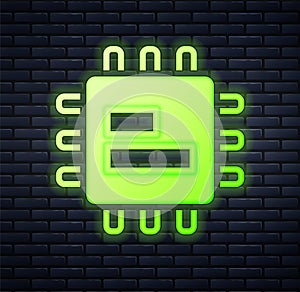 Glowing neon Computer processor with microcircuits CPU icon isolated on brick wall background. Chip or cpu with circuit