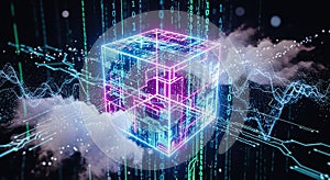 Glowing neon cube with binary code and data streams in digital space