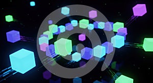 Glowing Neon Cubes Data Network Background - Futuristic Blockchain AI Technology Concept