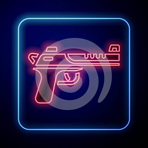 Glowing neon Desert eagle gun icon isolated on blue background. Vector