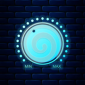 Glowing neon Dial knob level technology settings icon isolated on brick wall background. Volume button, sound control