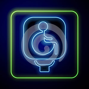 Glowing neon Disabled wheelchair icon isolated on blue background. Disabled handicap sign. Vector