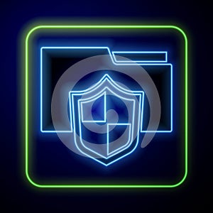 Glowing neon Document folder protection concept icon isolated on blue background. Confidential information and privacy