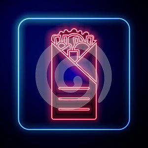 Glowing neon Doner kebab icon isolated on blue background. Shawarma sign. Street fast food menu. Vector Illustration