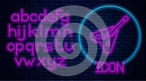 Glowing neon Electric bass guitar icon isolated on brick wall background. Neon light alphabet. Vector