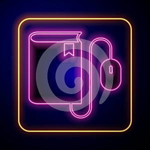 Glowing neon Electronic book with mouse icon isolated on black background. Online education concept. E-book badge icon