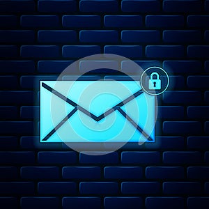 Glowing neon Email message lock password icon isolated on brick wall background. Envelope with padlock sign. Private