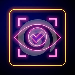 Glowing neon Eye scan icon isolated on black background. Scanning eye. Security check symbol. Cyber eye sign. Vector