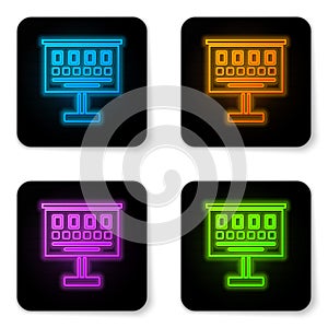 Glowing neon Eye test chart icon isolated on white background. Poster for vision testing in ophthalmic study. Snellen
